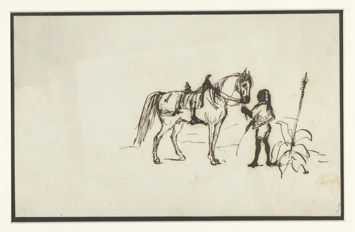 Zwarte man in feestkostuum houdt een paard vast by anonymous, drawing, 1800-1900