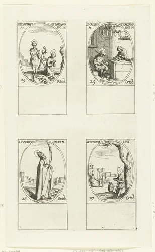Heilige Chrysanthus en Heilige Daria van Rome, Heilige Crispinus en Heilige Crispinianus van Soissons, Heilige Evaristus, Heilige Frumentius van Ethiopië (25-27 oktober) by Jacques Callot, print, 1632-1636