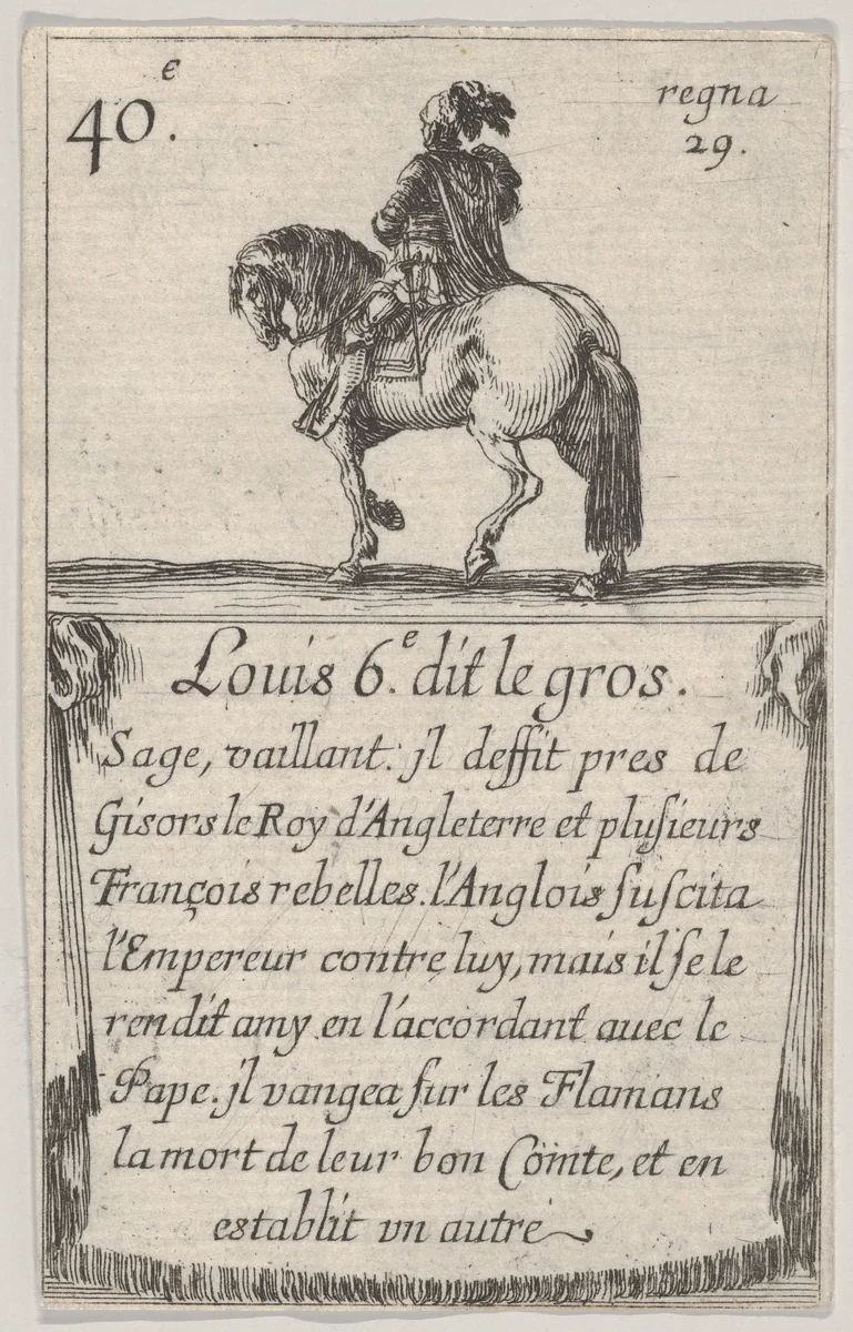 Louis 6.-e dit le gros / Sage, vaillant..., from "Game of the Kings of France" (Jeu des Rois de France) by Stefano della Bella, print, 1644