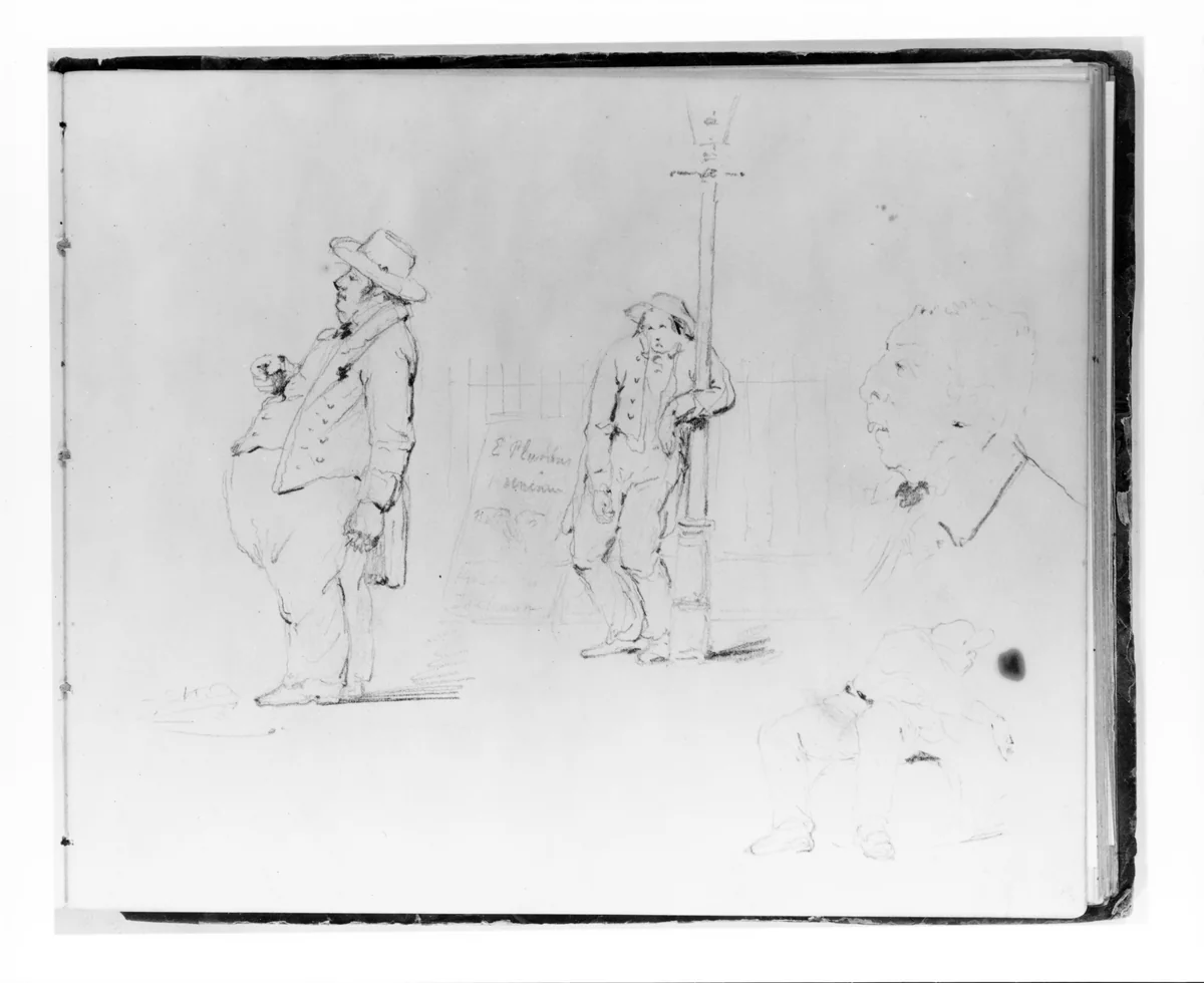 Four Figure Studies: Profile of a Rotund Man; Man Leaning on Lamp Post; Profile of a Man (from Sketchbook) by Francis William Edmonds, artwork, 1835-1839