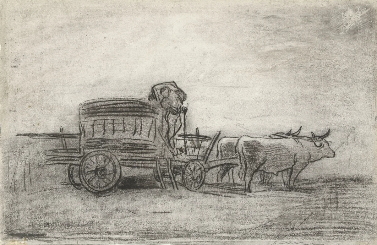 Ossenkar, donker geprofileerd tegen de lucht by Charles-François Daubigny, drawing, 1827-1878