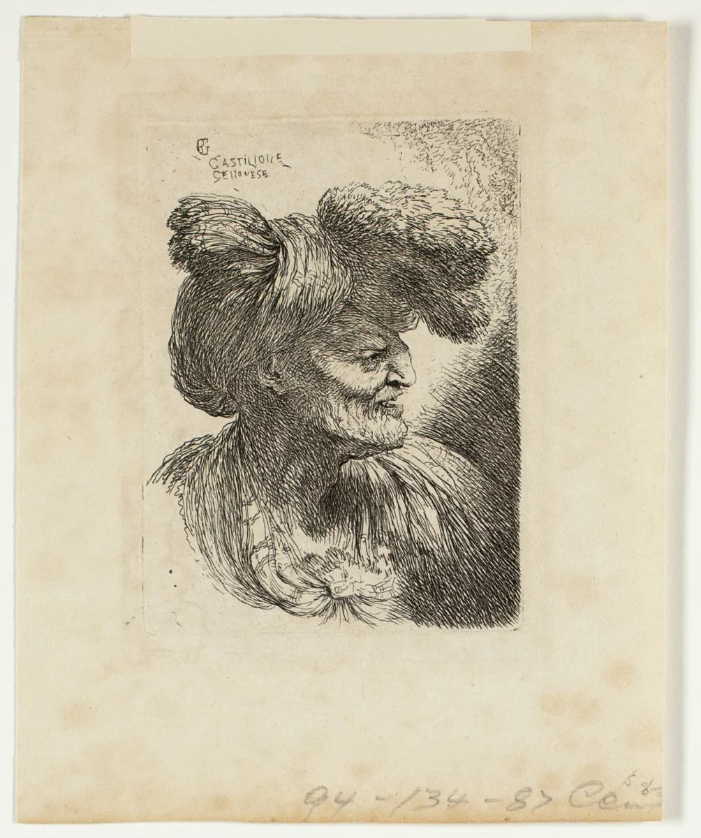 Old Man Wearing a Turban Ornamented with Fur, Facing Right, from Small Studies of Heads in Oriental Headdress by Giovanni Benedetto Castiglione, print, 1645-1650