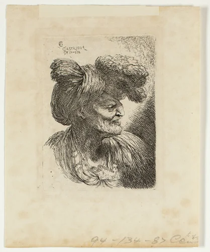 Old Man Wearing a Turban Ornamented with Fur, Facing Right, from Small Studies of Heads in Oriental Headdress by Giovanni Benedetto Castiglione, print, 1645-1650