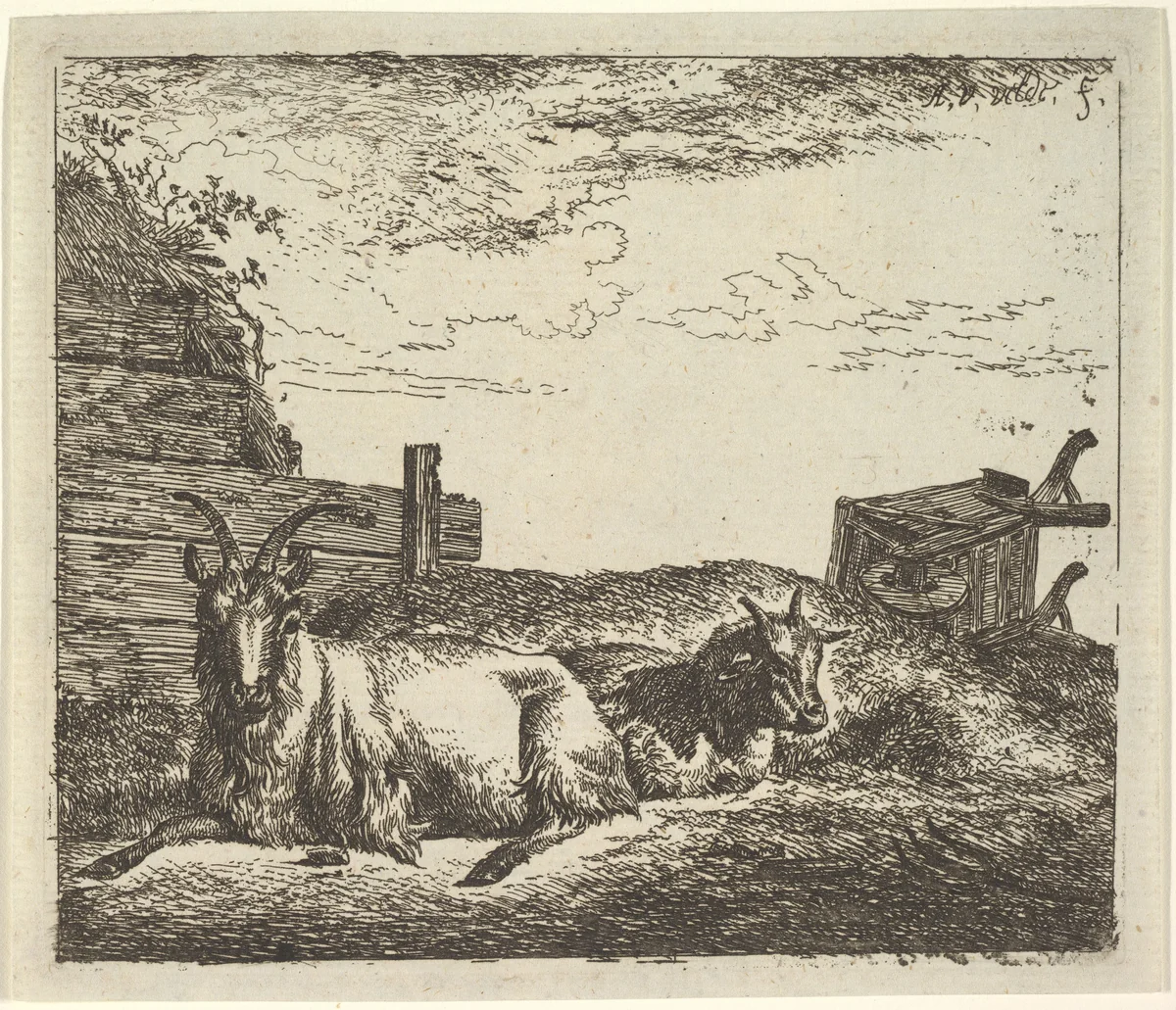 Recumbent Goats, plate 10 from "Different Animals" by Adriaen van de Velde, print, 1650-1672