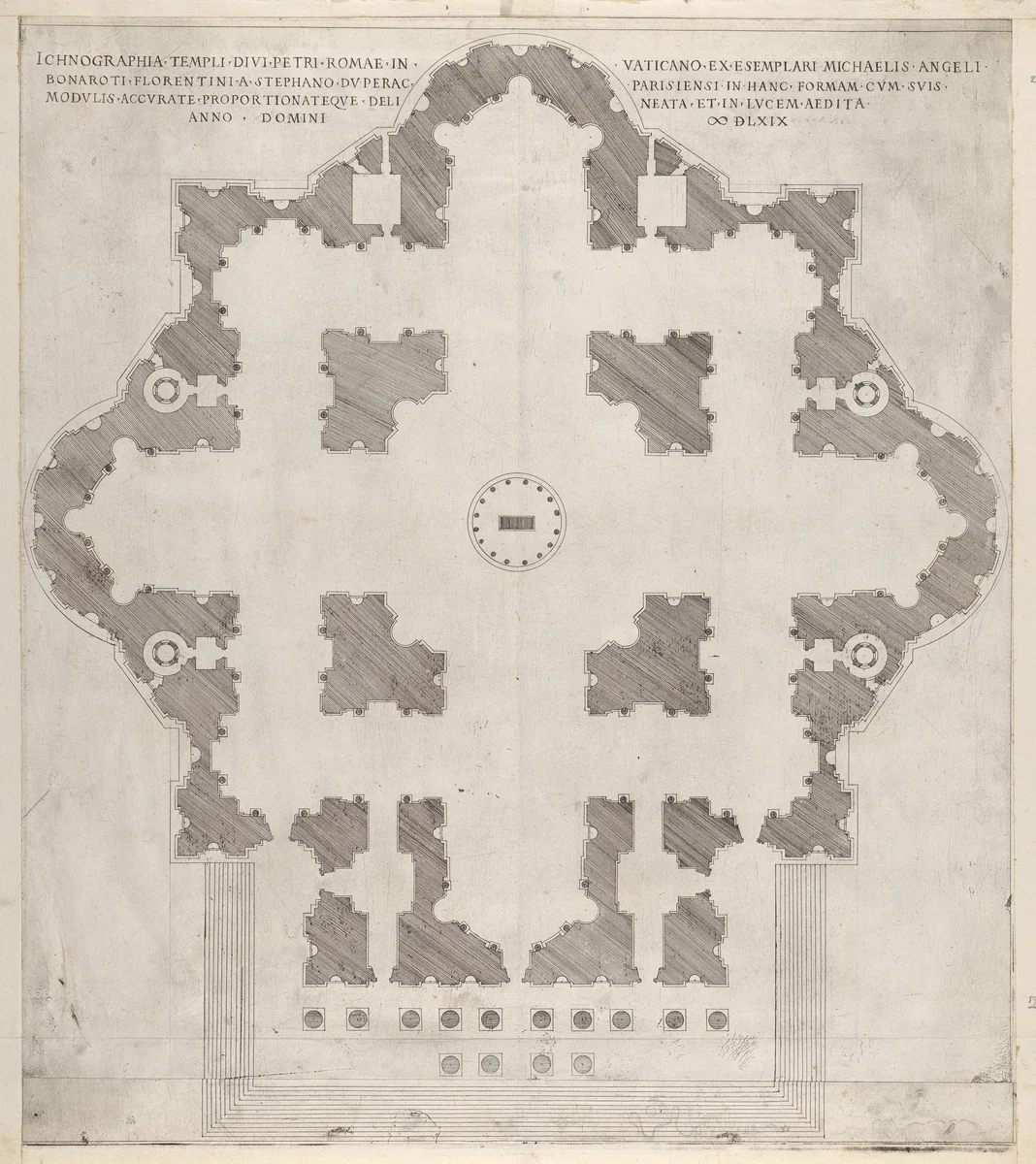 Plan of St. Peter's, from "Speculum Romanae Magnificentiae" by Etienne DuPérac, print, 1569
