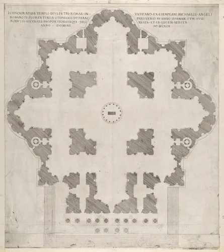 Plan of St. Peter's, from "Speculum Romanae Magnificentiae" by Etienne DuPérac, print, 1569