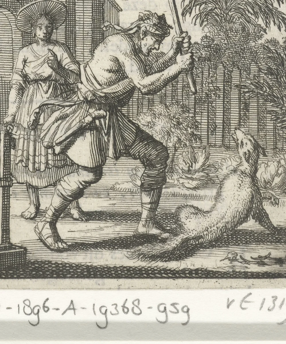 Vos door een man met een stok gedood by Jan Luyken, print, 1693