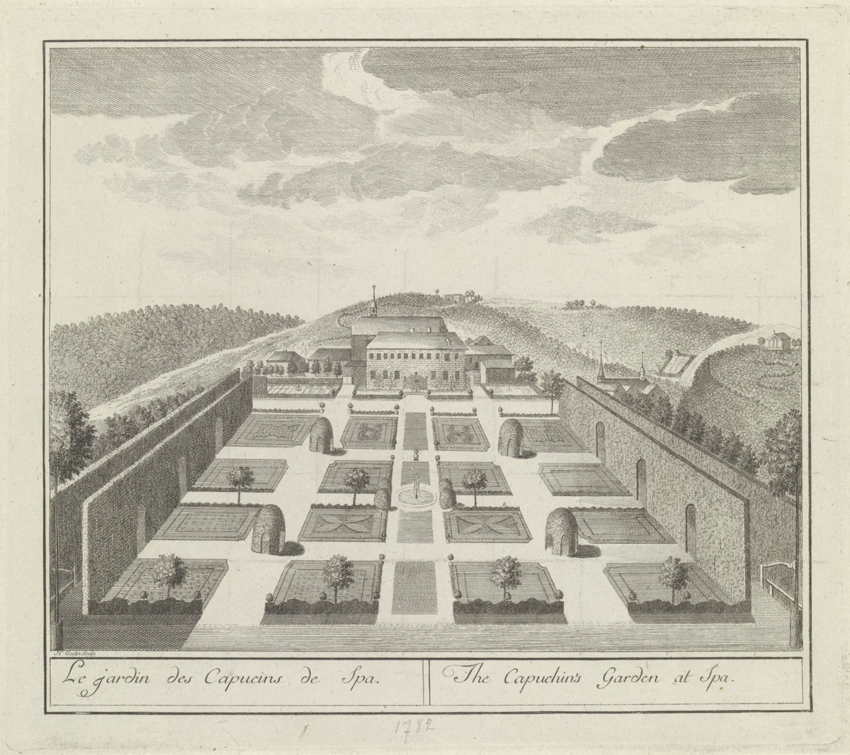 Gezicht op de tuin van het Kapucijnenklooster in Spa by Henri-Joseph Godin, print, 1778-1782