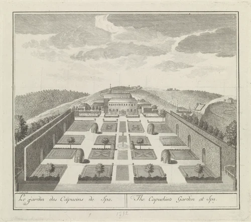 Gezicht op de tuin van het Kapucijnenklooster in Spa by Henri-Joseph Godin, print, 1778-1782
