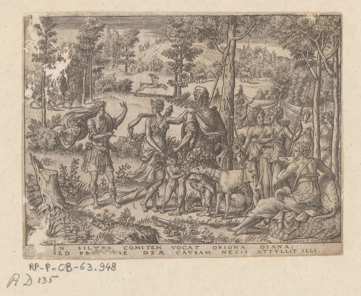 Diana nodigt Orion uit voor de jacht by Unknown, print, 1547-1548