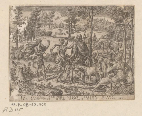 Diana nodigt Orion uit voor de jacht by Unknown, print, 1547-1548
