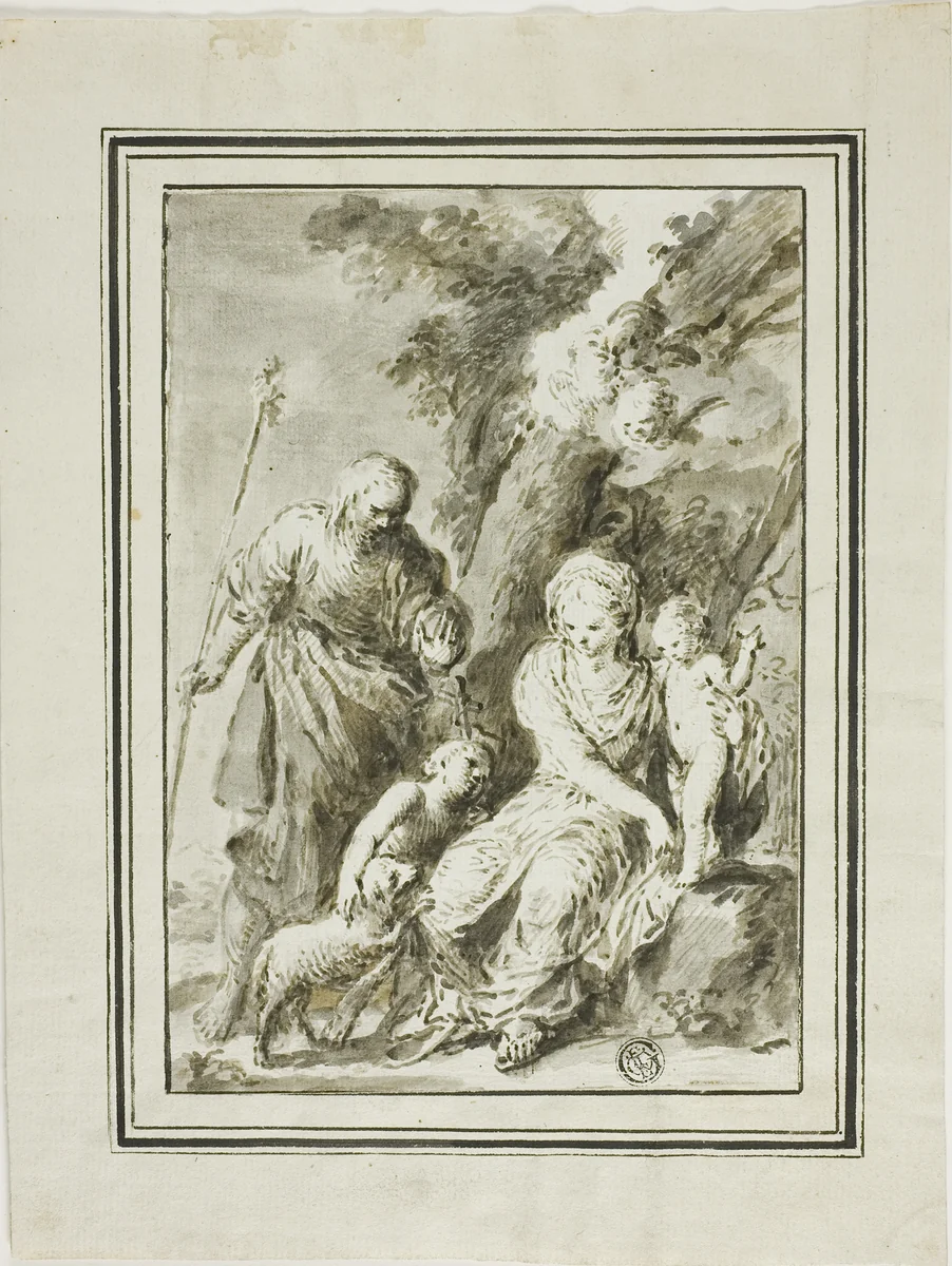 Holy Family and Saint John the Baptist by Giovanni Antonio Burrini or Manuel Salvador Carmona, drawing, 1700-1799