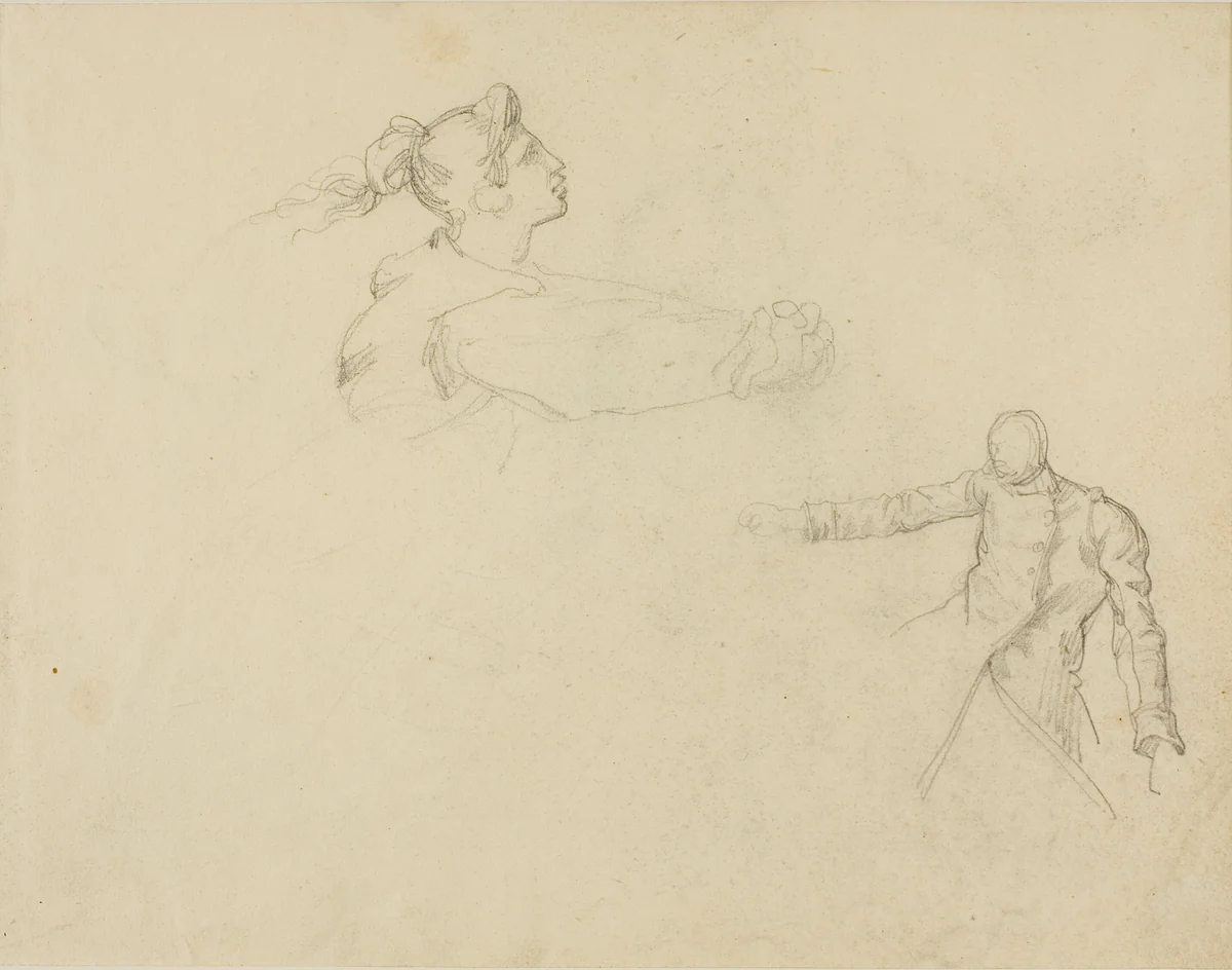 Studies of a Woman and a Soldier by Jean Louis André Théodore Géricault or Horace Vernet, drawing, 1818-1819