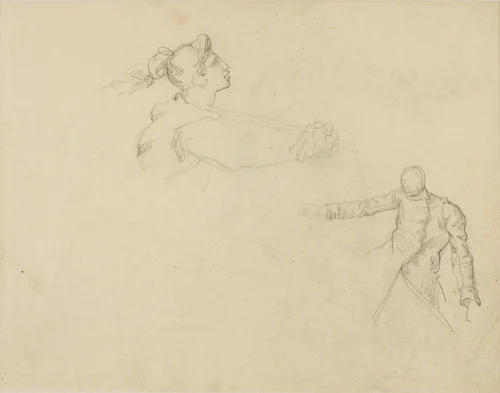 Studies of a Woman and a Soldier by Jean Louis André Théodore Géricault or Horace Vernet, drawing, 1818-1819
