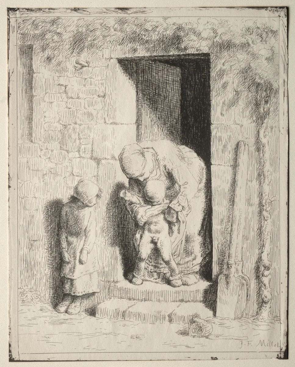 Maternal Precaution by Jean-François Millet, print, 1860