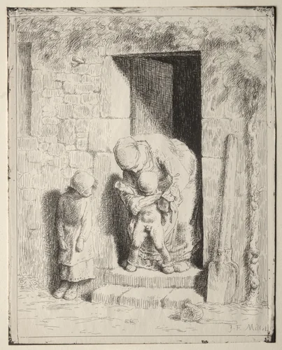 Maternal Precaution by Jean-François Millet, print, 1860