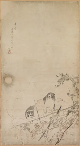 Puppies, Sparrows, and Chrysanthemums by Nagasawa Rosetsu (長澤蘆雪), painting, 1788-1799