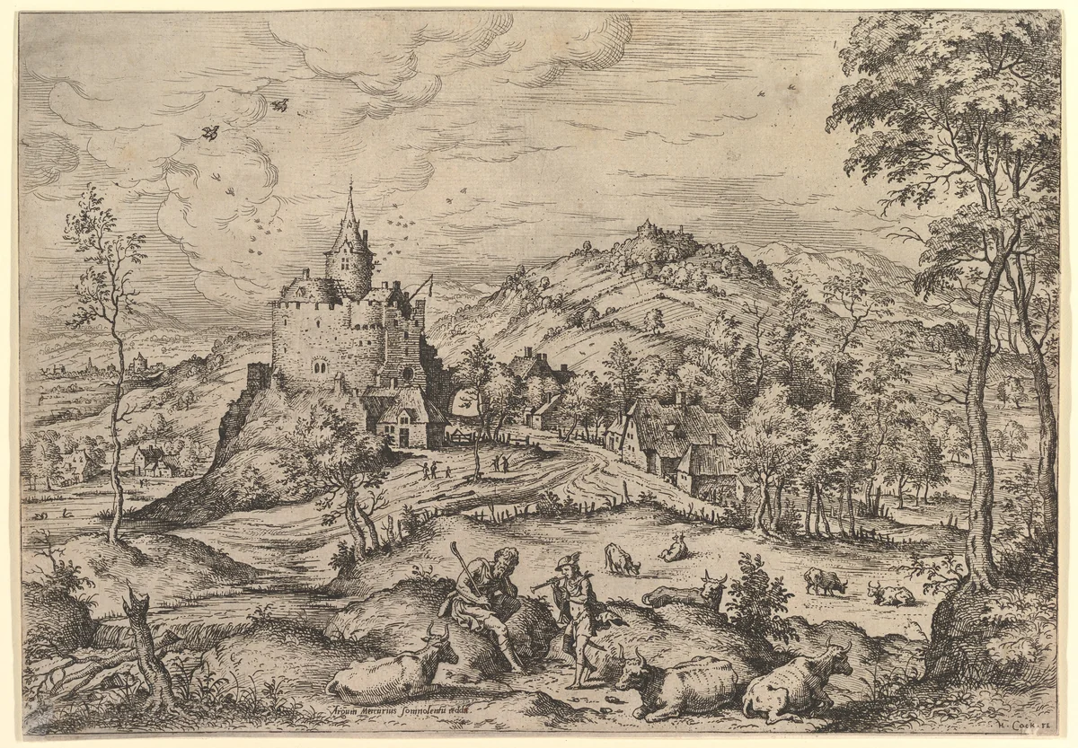 Mercury Lulling Argus to Sleep, from "Landscapes with Biblical and Mythological Scenes" by Hieronymus Cock, print, 1558