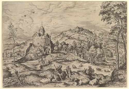 Mercury Lulling Argus to Sleep, from "Landscapes with Biblical and Mythological Scenes" by Hieronymus Cock, print, 1558