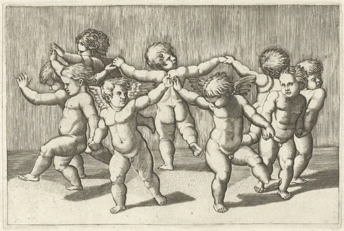Dansende putti by anonymous, print, 1517-1575
