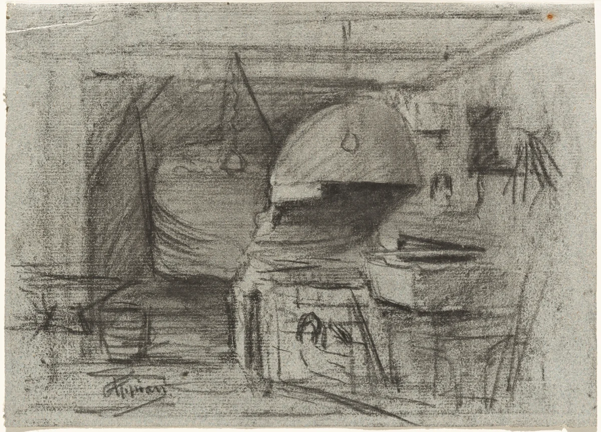 Interior of a Forge (recto) / Yard with a Pigsty (verso) by Adolphe Appian, drawing, 1860-1869