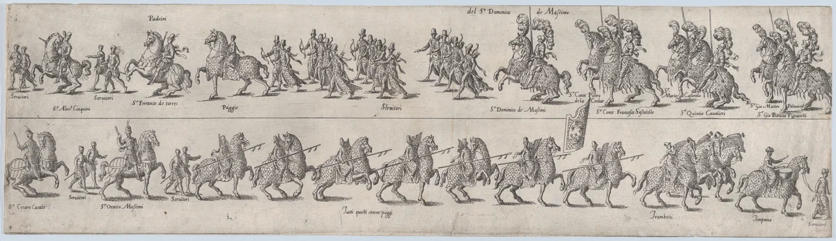 Plate depicting Domenico de Massimo, from a series of twelve showing knights and their attendants dressed for a tournament (plate 4) by anonymous, print, 1565