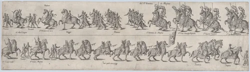Plate depicting Domenico de Massimo, from a series of twelve showing knights and their attendants dressed for a tournament (plate 4) by anonymous, print, 1565