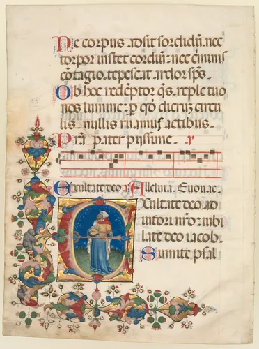 Single Leaf Excised from a Choir Psalter: Initial E[xultate Deo] with King David Playing the Lute (Psalm 80) by Unknown, manuscript, 1403-1413