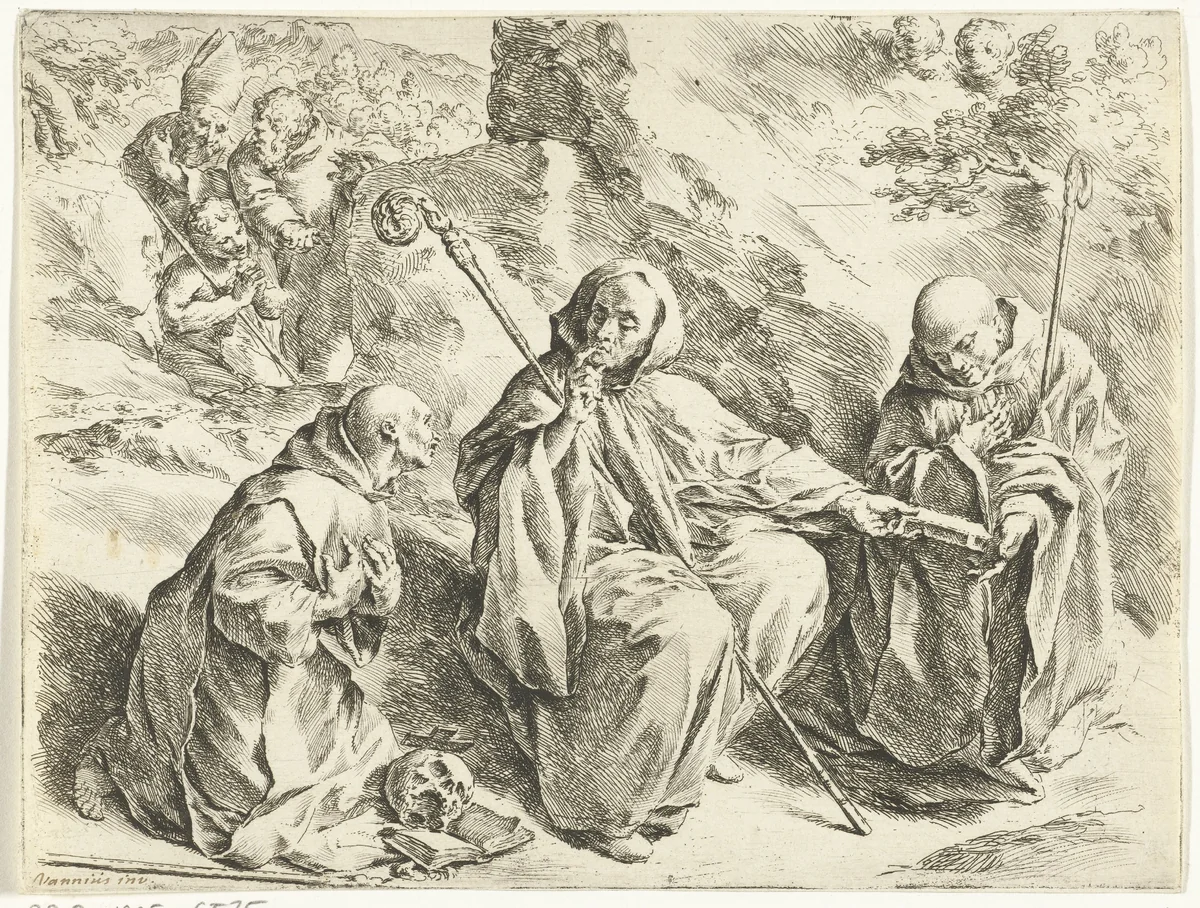 De heilige Benedictus zittend tussen de heiligen Bruno en Bernard by Jan de Bisschop, print, 1668-1671