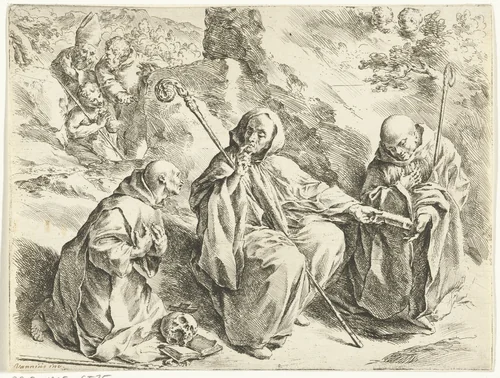 De heilige Benedictus zittend tussen de heiligen Bruno en Bernard by Jan de Bisschop, print, 1668-1671
