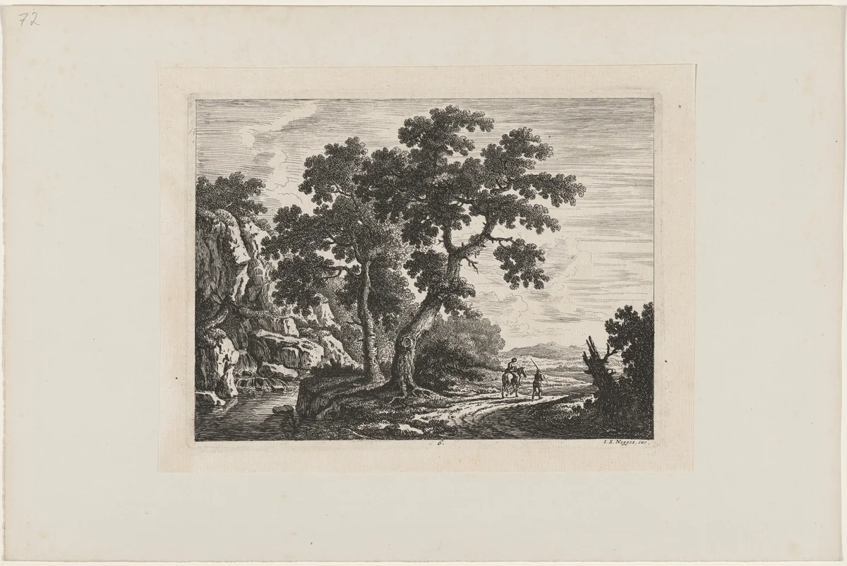 Rider on a Path by a Waterfall by Johann Christoph Dietzsch, print, 1734