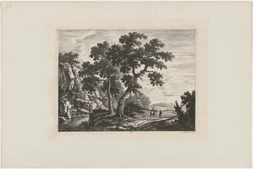 Rider on a Path by a Waterfall by Johann Christoph Dietzsch, print, 1734