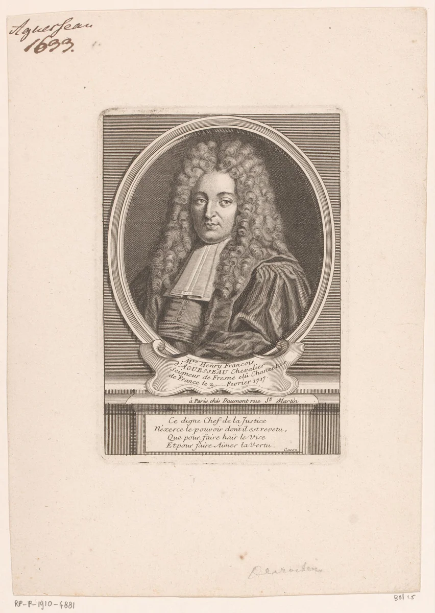 Portret van Henri François d'Aguesseau by Étienne Desrochers, print, 1726