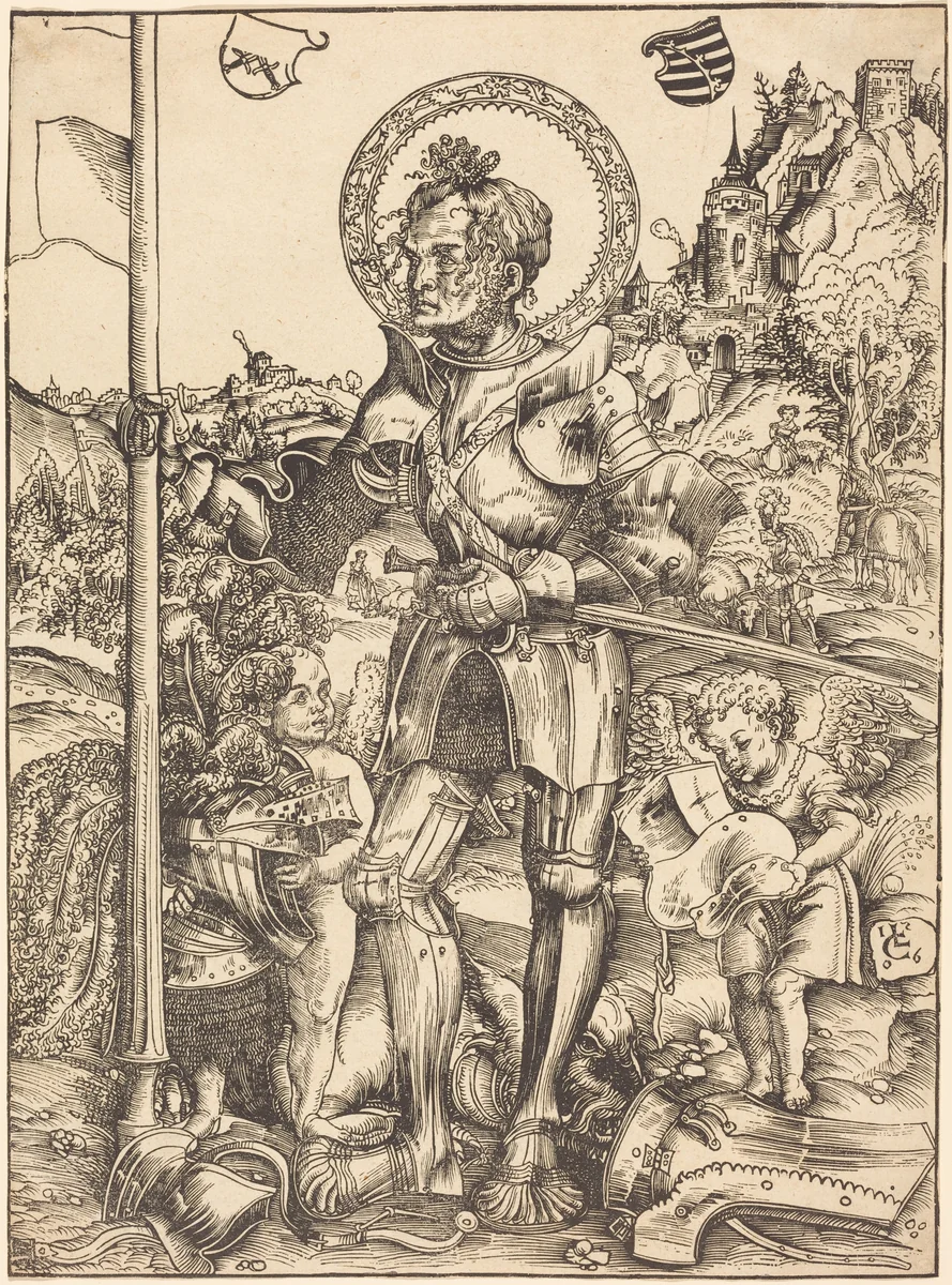 Saint George Standing, with Two Angels by Lucas Cranach, print, 1506