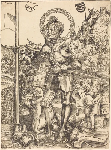Saint George Standing, with Two Angels by Lucas Cranach, print, 1506