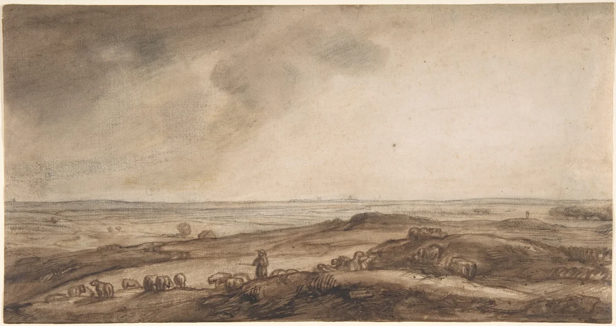 A Panoramic Landscape with a Herdsman and His Flock by Jan Ruischer, drawing, 1620-1685