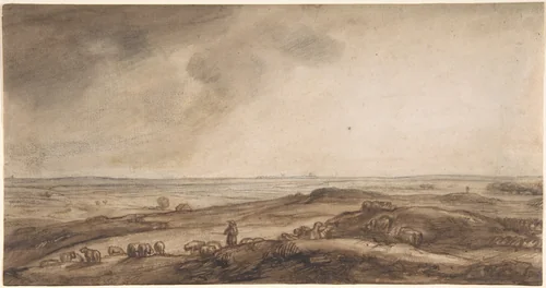 A Panoramic Landscape with a Herdsman and His Flock by Jan Ruischer, drawing, 1620-1685