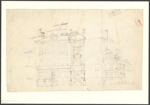 Gezicht op een gebouw te Amsterdam by Johan Martinus Anthon Rieke, drawing, 1861-1899