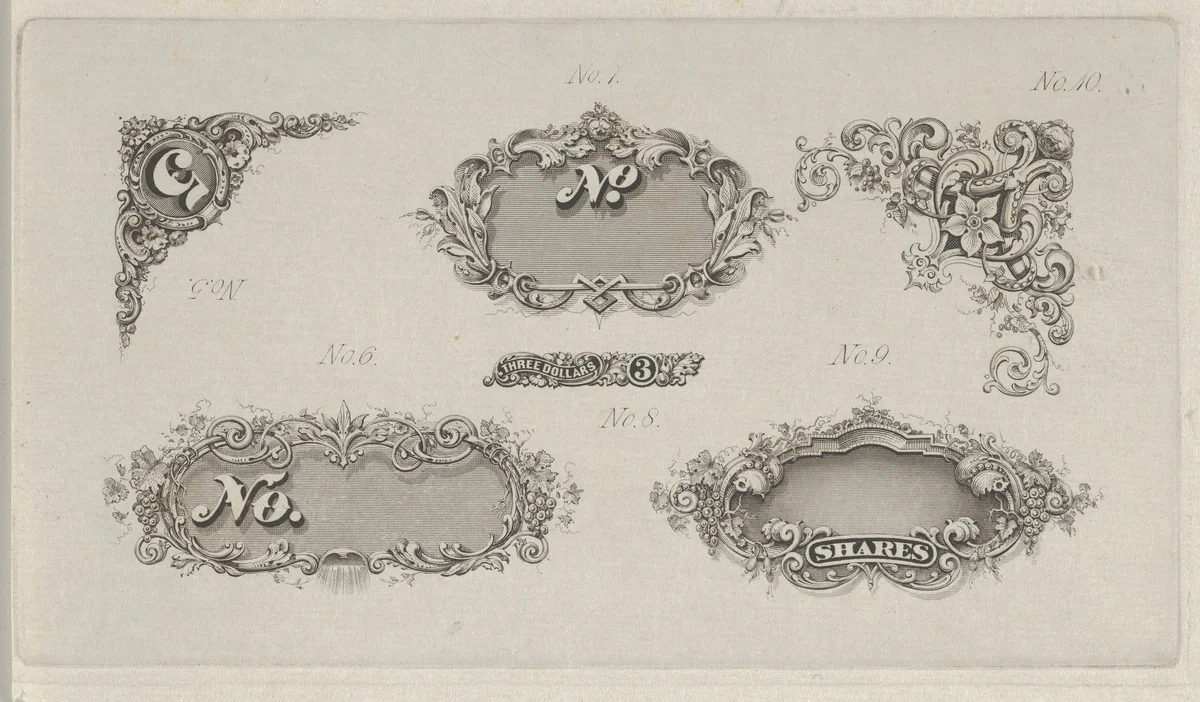 Banknote motifs: six small lathe work designs for corners, frames and numbers by Cyrus Durand, print, 1819-1847