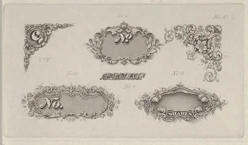 Banknote motifs: six small lathe work designs for corners, frames and numbers by Cyrus Durand, print, 1819-1847