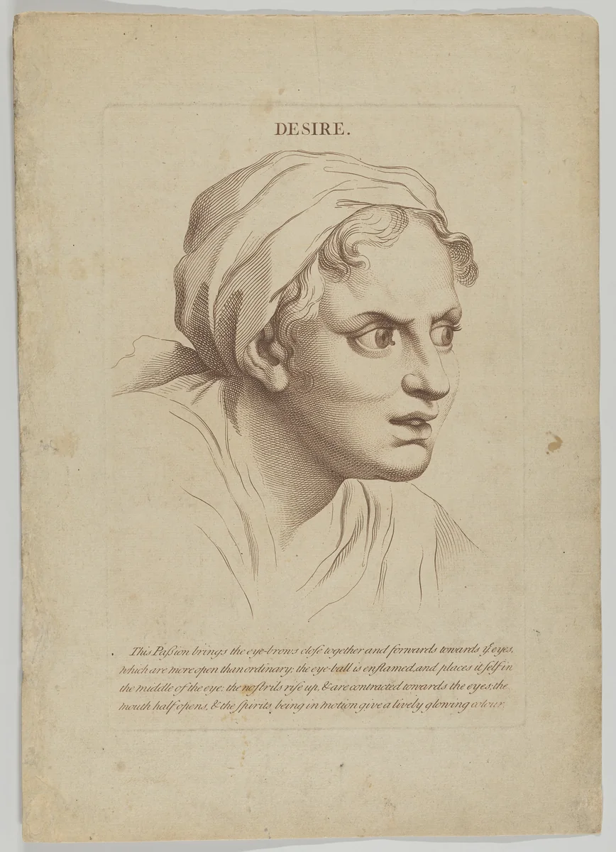 Desire, plate 8 from "Heads Representing the Various Passions of the Soul; as they are Expressed in the Human Countenance: Drawn by that Great Master Monsieur Le Brun" by anonymous, print, 1765-1800