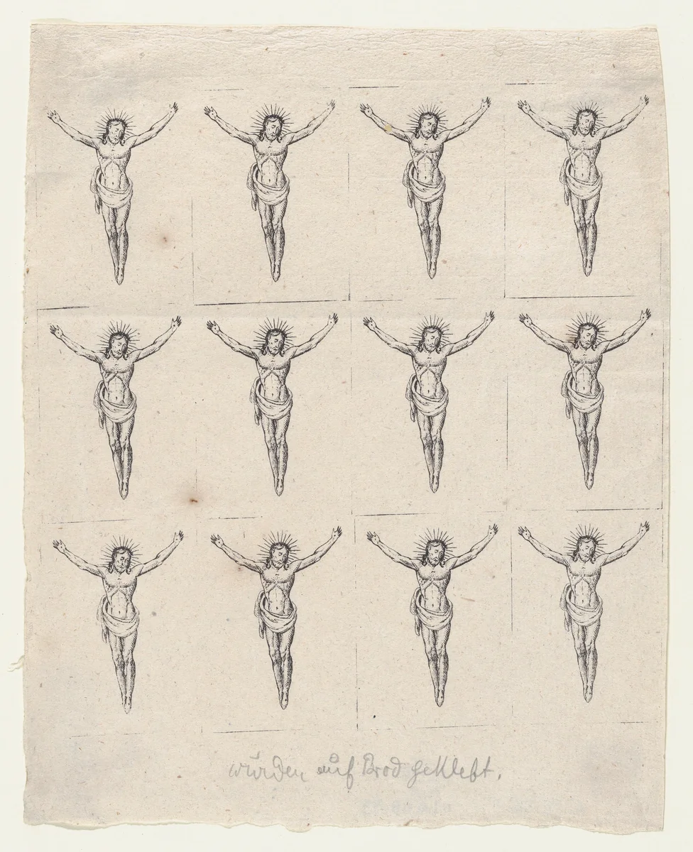 Sheet of Twelve Crucified Christs by anonymous, print, 1800-1899