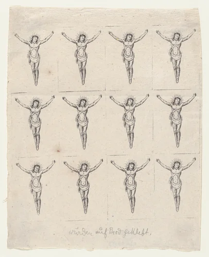 Sheet of Twelve Crucified Christs by anonymous, print, 1800-1899