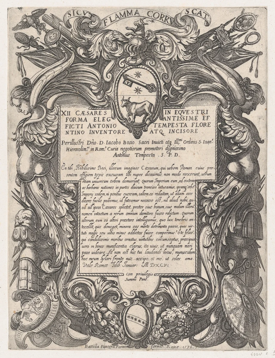 Frontispiece to the series 'The First Twelve Roman Caesars' with the Coat of Arms of Jacopo Bosio by Antonio Tempesta, print, 1596