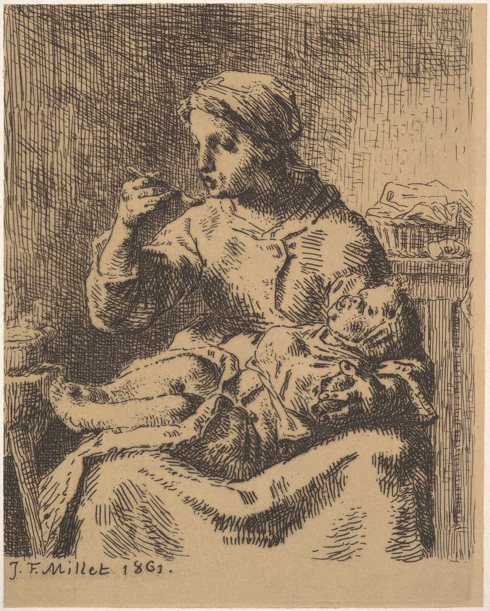Cooling the Porridge by Jean-François Millet, print, 1861