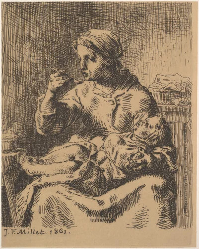 Cooling the Porridge by Jean-François Millet, print, 1861