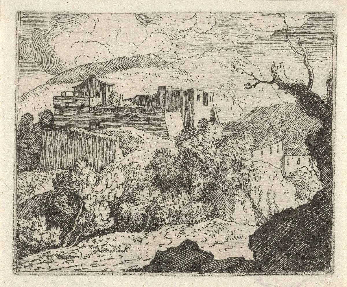 Berglandschap met ruïnes van een fort by Govert van der Leeuw, print, 1655-1688