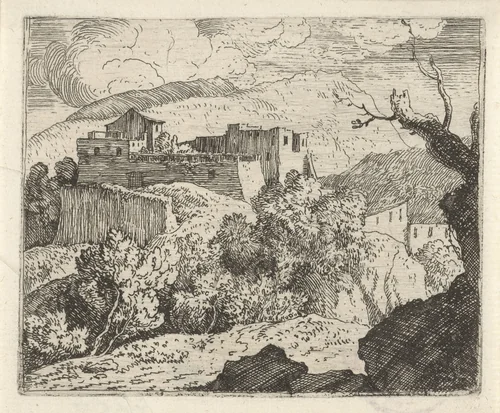 Berglandschap met ruïnes van een fort by Govert van der Leeuw, print, 1655-1688