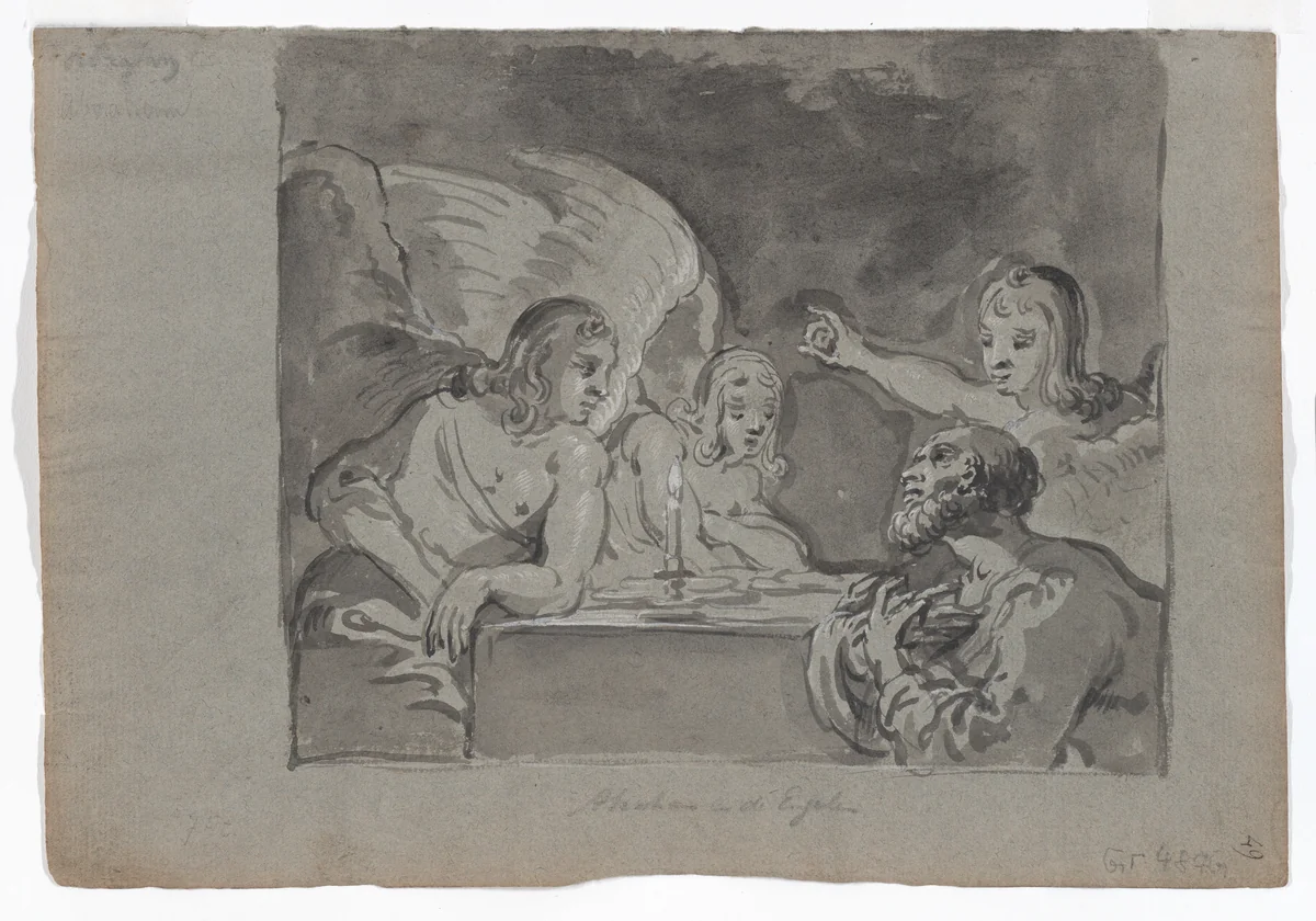 Abraham Entertaining the Three Angels by Leonaert Bramer, drawing, 1620-1628
