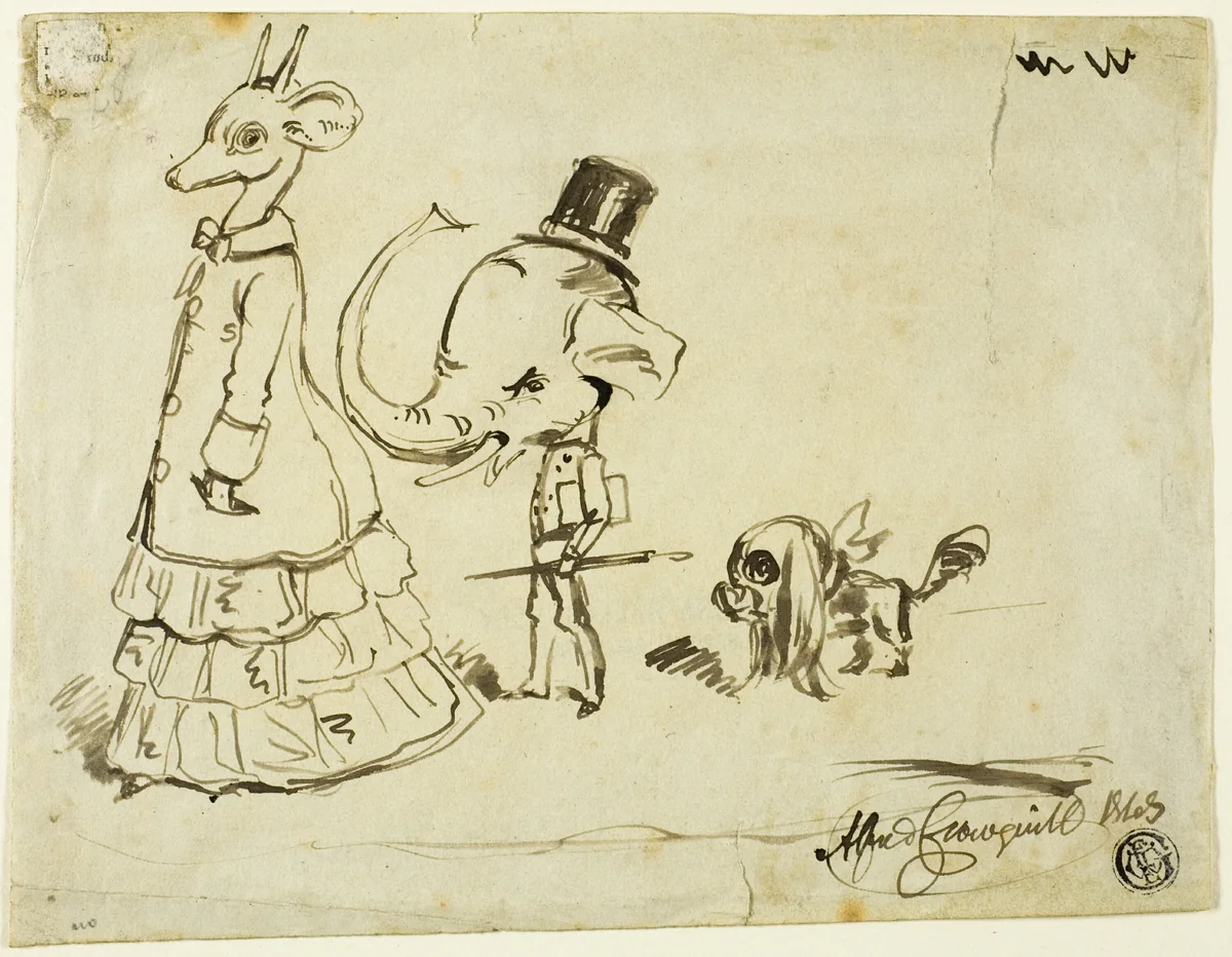 Caricature of Man, Woman and Dog by Alfred Henry Forrester, drawing, 1869